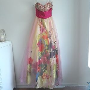 Pink multicolor sequin beaded strapless abstract floral print tulle prom dress